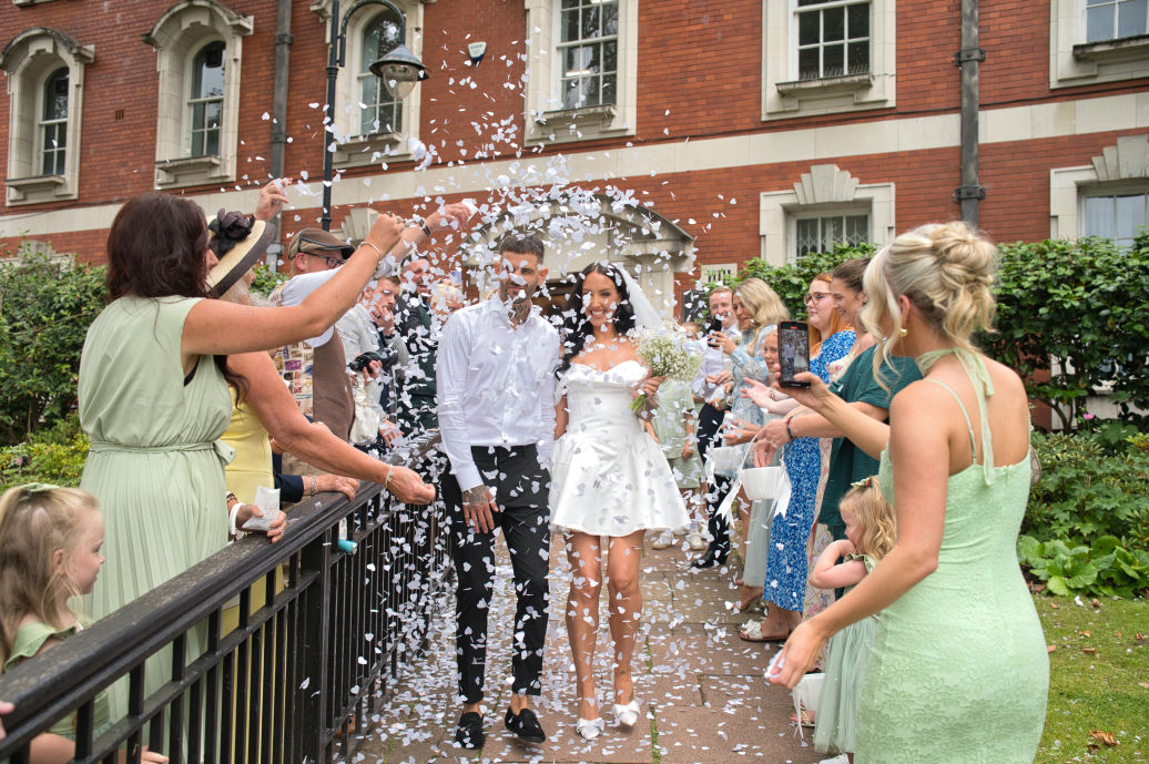 Registry office wedding confetti moment in Stockport 